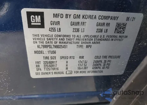 2022 Chevrolet Trailblazer Fwd Lt из США, поврежденный, VIN KL79MPSL7NB025451